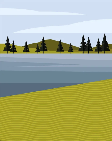 Hermosa escena de paisaje con bosque y campo de lago — Vector de stock