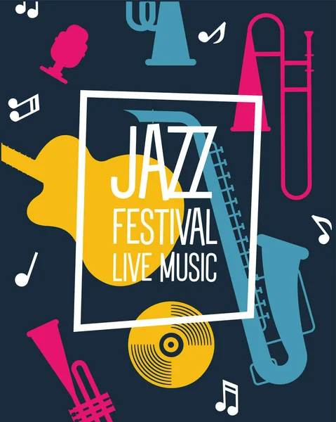 Cartel del festival de jazz con instrumentos y letras — Vector de stock