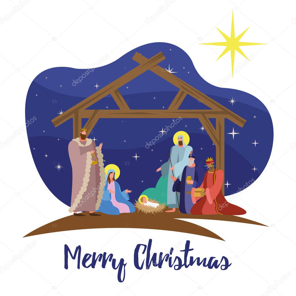 happy merry christmas lettering with holy family in stable