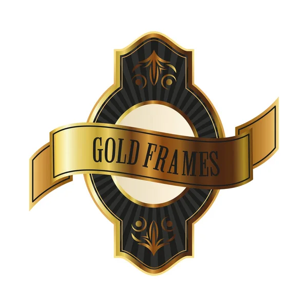 Emblema de quadro dourado elegante com letras e fita — Vetor de Stock