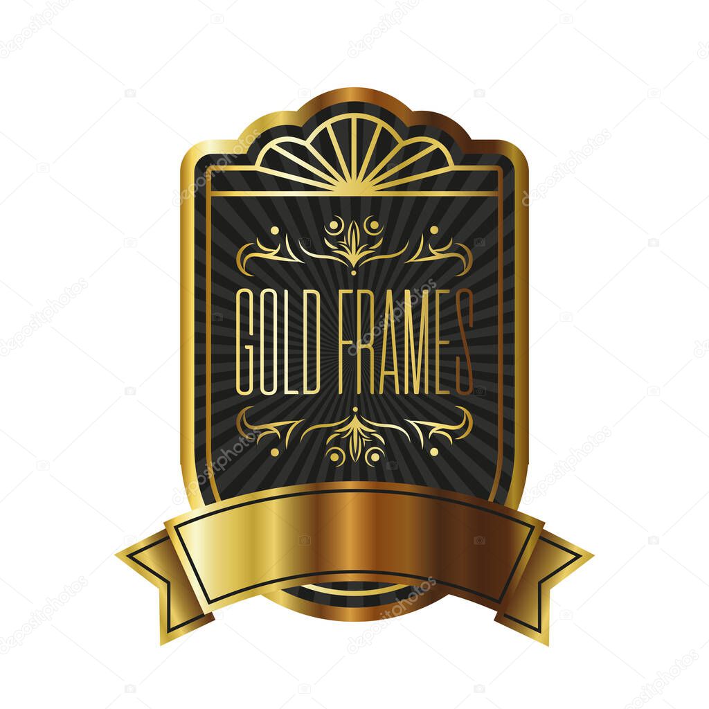elegant golden frame emblem with lettering and ribbon