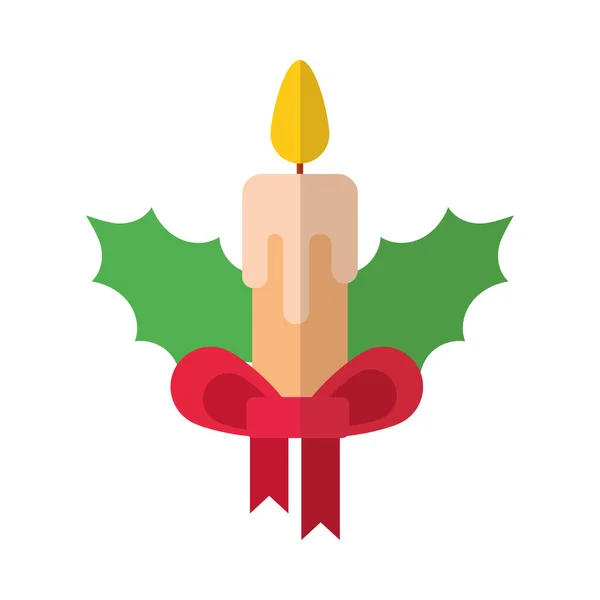 Joyeuse bougie de Noël avec arc et feuilles icône de style plat — Image vectorielle