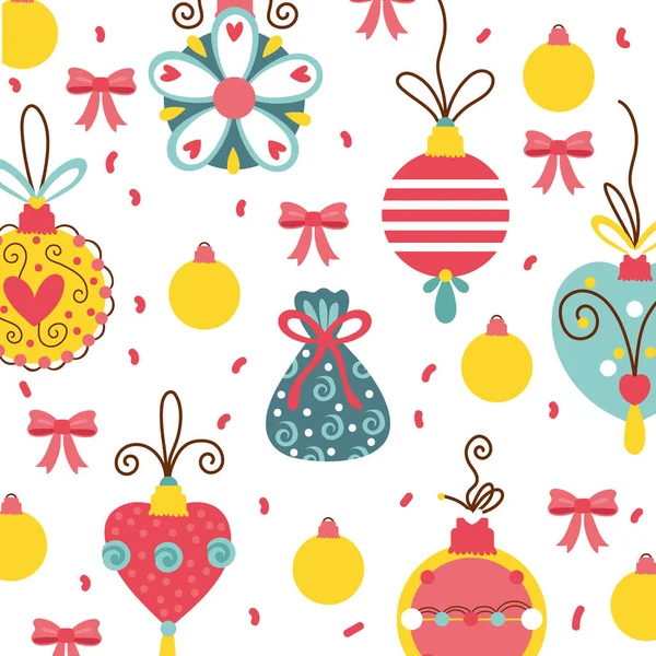 Χαρούμενη χριστουγεννιάτικη κάρτα με μπάλες και φιόγκους μοτίβο — Διανυσματικό Αρχείο