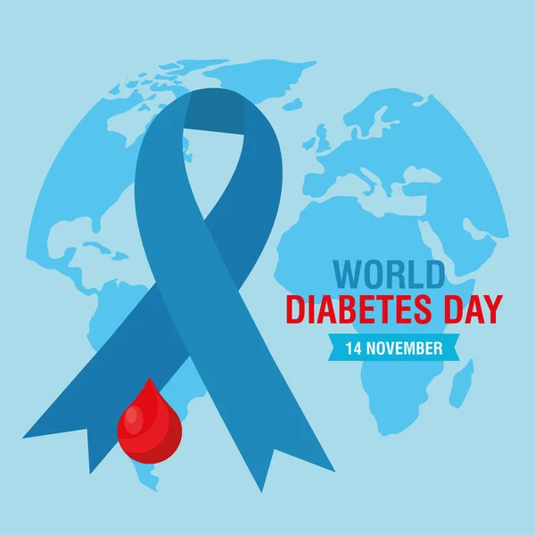 ブルーリボンと地球の血が落ちる世界糖尿病デーキャンペーン — ストックベクタ
