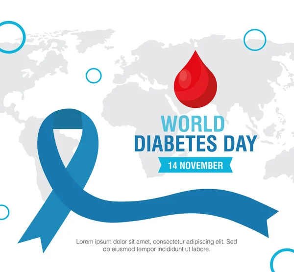 青いリボンと血が地球に落ちる世界糖尿病デーキャンペーン — ストックベクタ