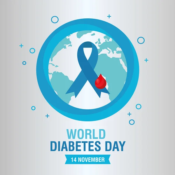 地球の青いリボンと血の雫で世界糖尿病デーキャンペーン — ストックベクタ