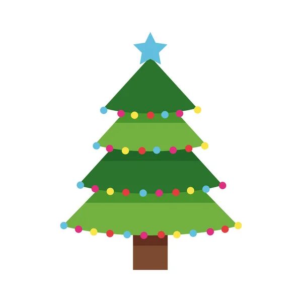 Feliz Feliz Navidad árbol verde con estrellas y luces de colores — Vector de stock