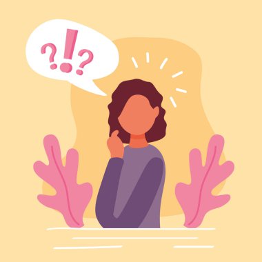 Konuşma balonunda soru işaretleri olan genç bir kadın