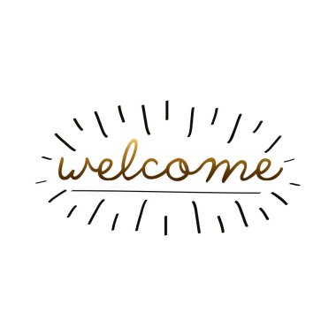 Üzerinde altın harfler ve sıçrama çizgileri olan hoş geldin etiketi