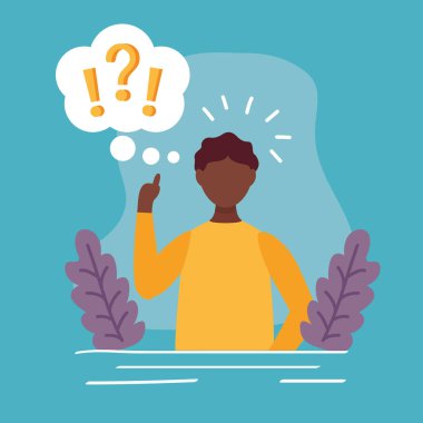 Genç afro adam soru işareti ile şüpheli konuşma bulutu içinde