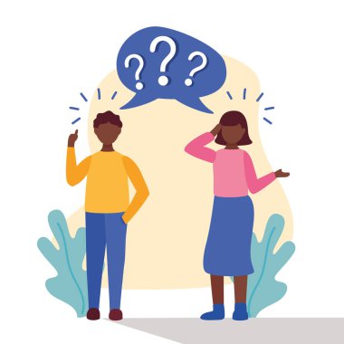 Genç Afro çift konuşma balonunda soru işaretleriyle kuşkulanıyorlar