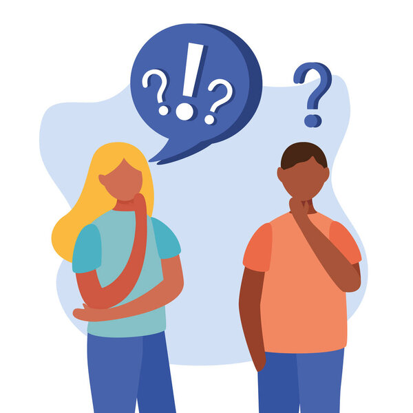 Молодая межрасовая пара сомневается с вопросительными знаками в пузыре речи