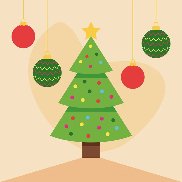 Feliz Feliz Navidad árbol verde y bolas colgando — Archivo Imágenes Vectoriales