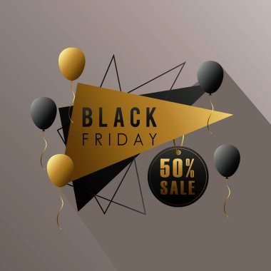 Kara Cuma indirimli, balonlu helyumlu üçgen şekilli harfler.