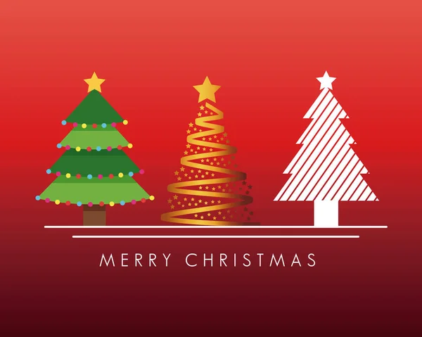 Šťastný veselý vánoční svazek stromů v červeném pozadí — Stockový vektor