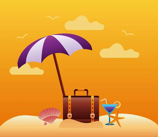 Olá temporada de verão com mala e guarda-chuva na cena da praia — Vetor de Stock