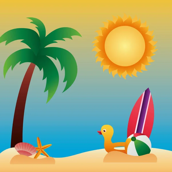 Hello summer season with tree palm and icons in beach scene — Stock Vector