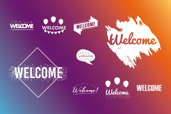Paquet de neuf lettres de bienvenue en fond violet — Image vectorielle