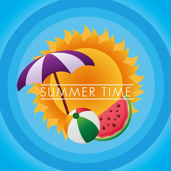 Lettrage saison été avec soleil et parasol — Image vectorielle