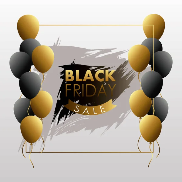 Noir vendredi vente lettrage avec ruban doré et ballons hélium — Image vectorielle