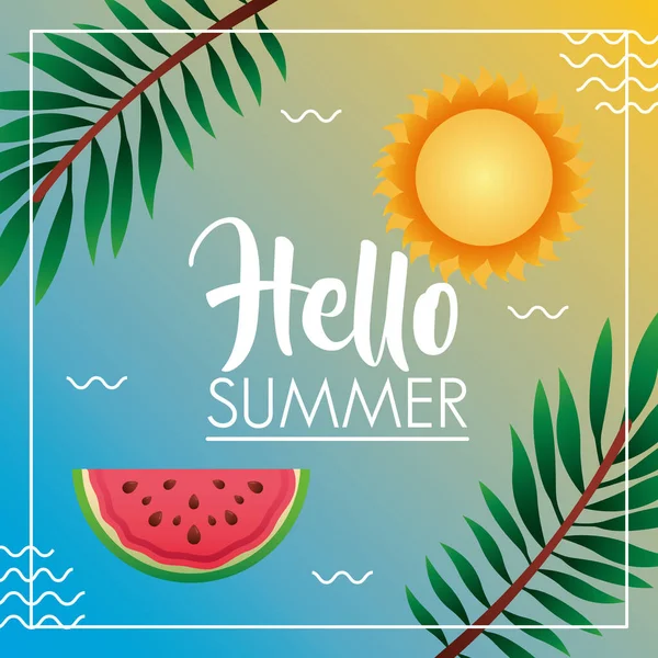 Hello summer season lettering with sun and armelon — стоковый вектор