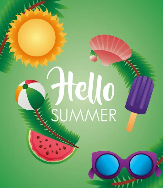 太陽とサングラスでこんにちは夏のシーズンレタリング — ストックベクタ