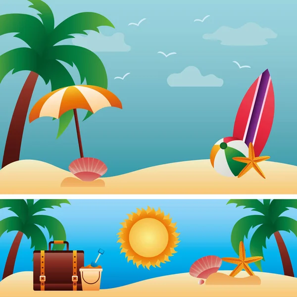 Hello nyári szezon tenyérrel és beállított ikonok a strand jelenetek — Stock Vector