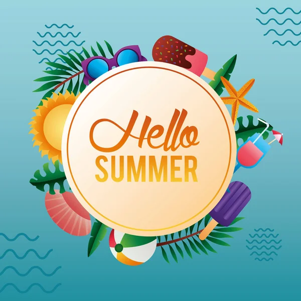 Hello summer season lettering with set icons in circular frame — Stock Vector