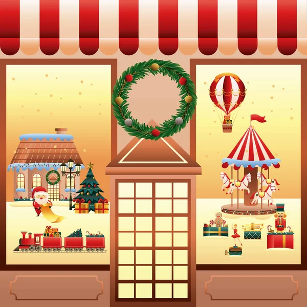 Juguetes de Navidad en la tienda escena de la fachada — Vector de stock