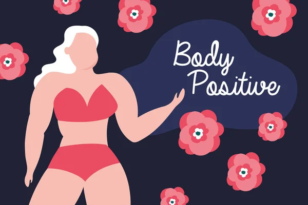 Body positieve belettering met grote vrouw en bloemen perfect onvolmaakt — Stockvector