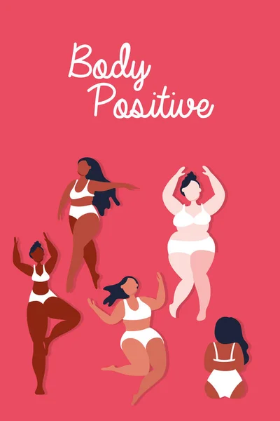 Body positieve belettering met groep van meisjes perfect imperfect — Stockvector