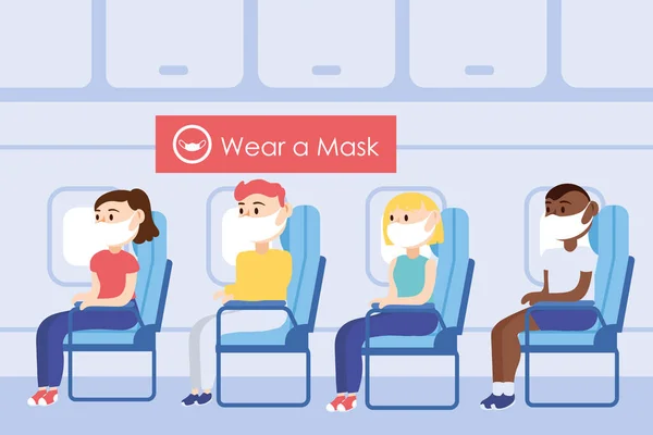 Viajar cartaz campanha segura com os passageiros vestindo máscara médica em cadeiras de avião —  Vetores de Stock