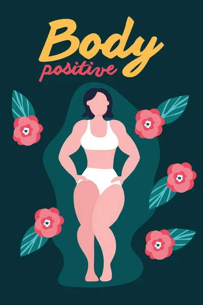 Körperpositiver Schriftzug mit großer Frau und Blumen perfekt unvollkommen — Stockvektor