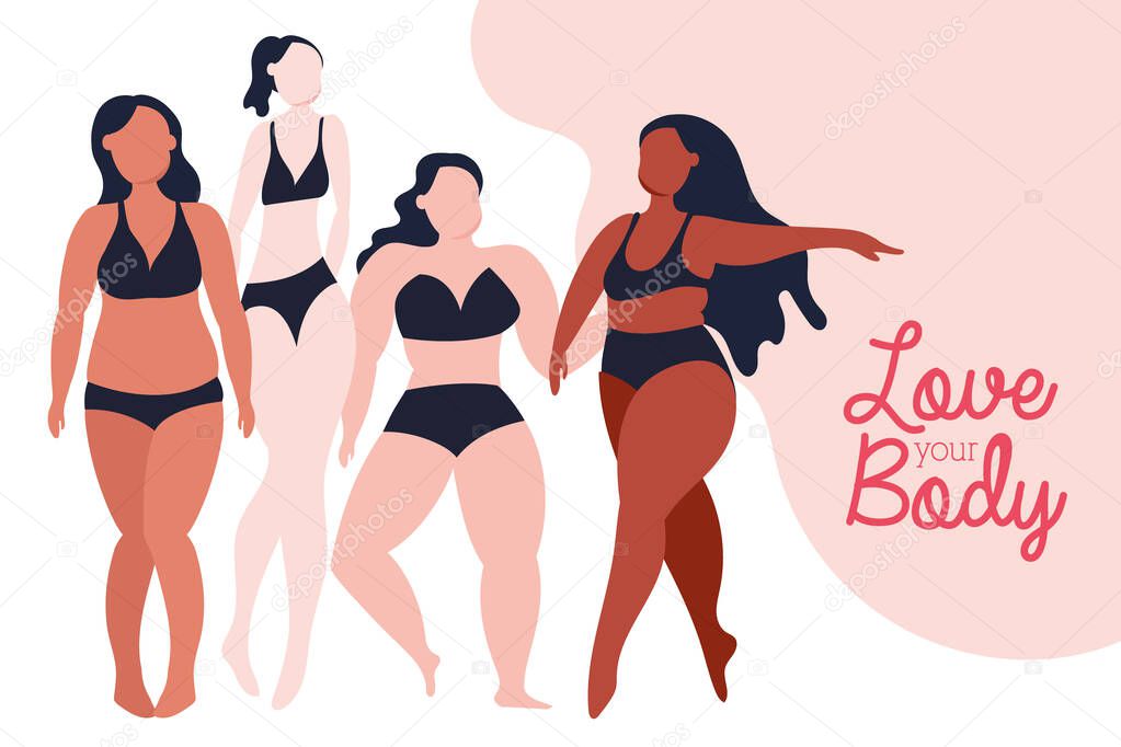 love your body lettering with group of girls perfectly imperfect