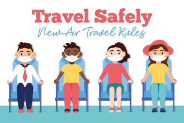 Güvenli seyahat kampanya mektupları. Bekleme odasındaki koltuklarda tıbbi maskeler takan yolcuların posterleri.