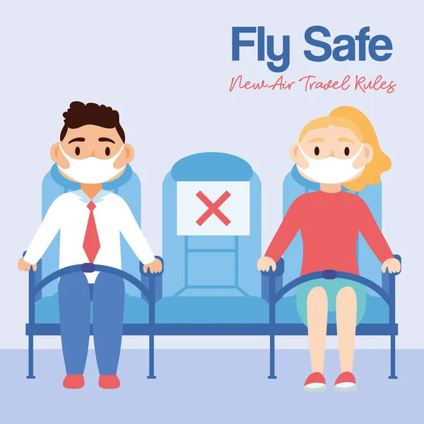 Voar cartaz de lettering campanha segura com pessoas em cadeiras de avião —  Vetores de Stock