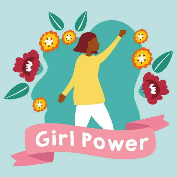 Poster gadis kuat dengan wanita afro dengan bunga taman - Stok Vektor