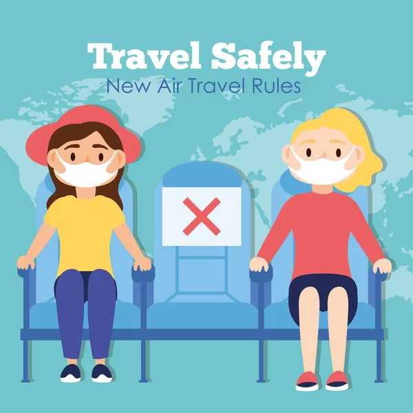 Viajar com segurança campanha lettering cartaz com passageiros vestindo máscaras médicas em cadeiras de avião —  Vetores de Stock