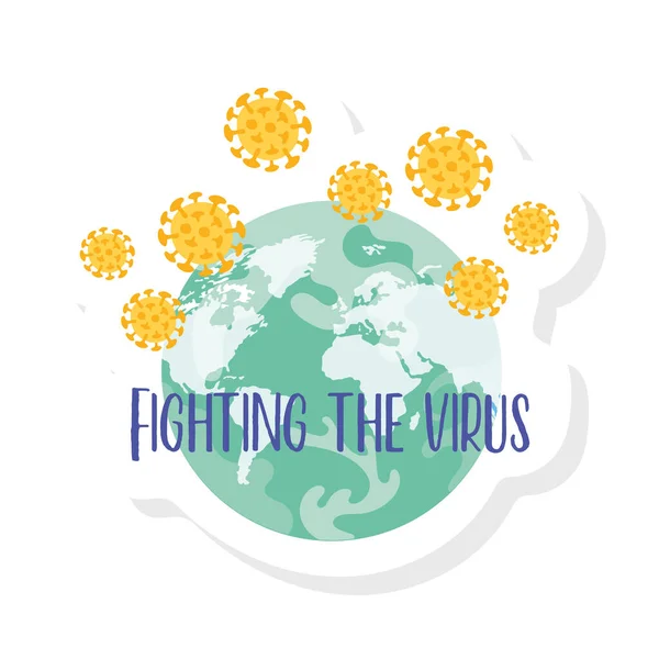 Strijd tegen het virus lettering campagne met aarde planeet en covid19 deeltjes — Stockvector