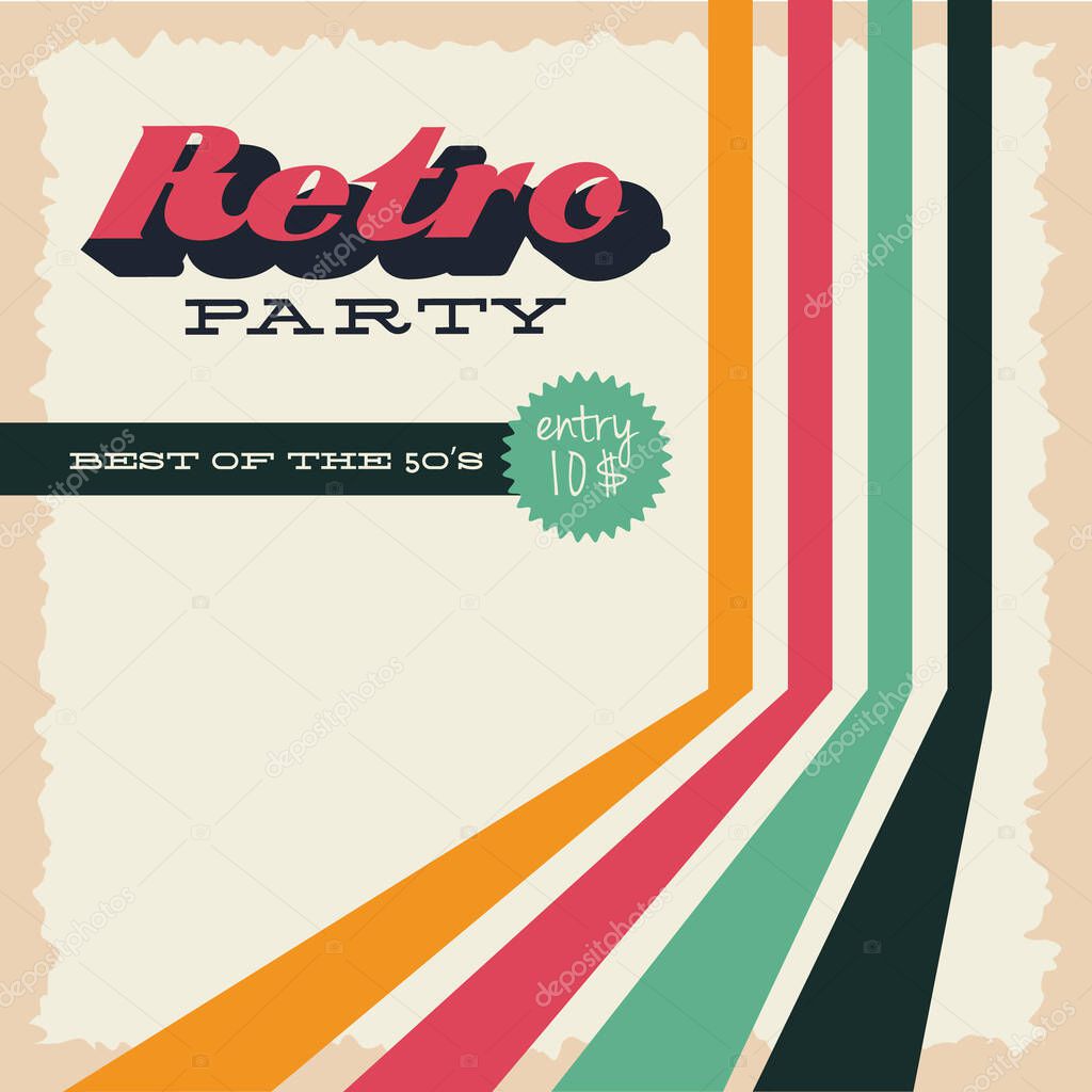 party retro style poster with colors lines and lettering