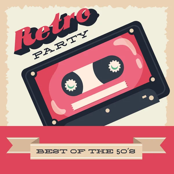 Party retro stijl poster met cassette en lint frame — Stockvector