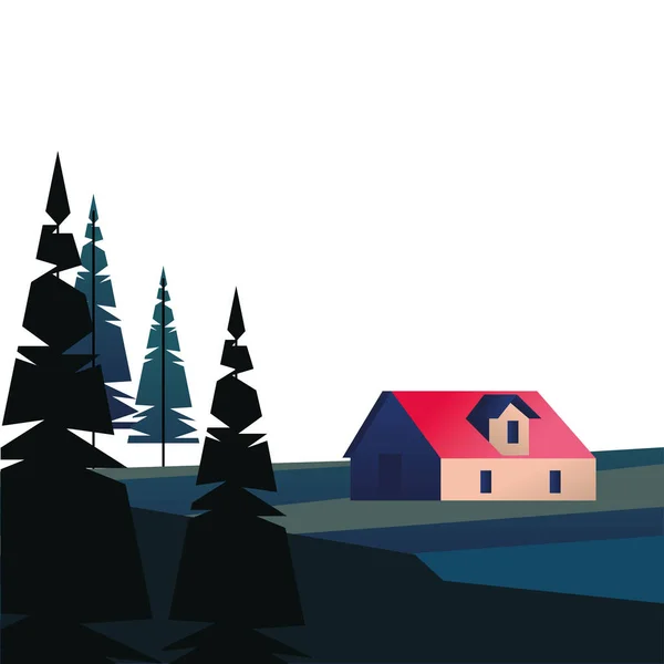 Çam ağaçları ve evle kış mevsimi manzarası — Stok Vektör