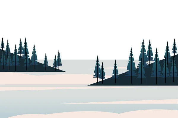 Hiver saison paysage scène avec pins forêt et lac — Image vectorielle