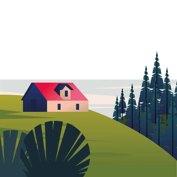 Saison d'hiver paysage scène avec maison dans la forêt de pins et lac — Image vectorielle