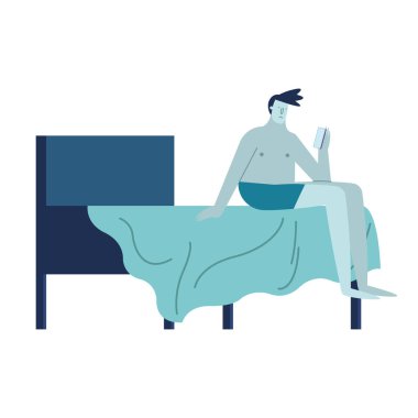 Genç adam yatakta imsomi olan akıllı telefon kullanıyor.