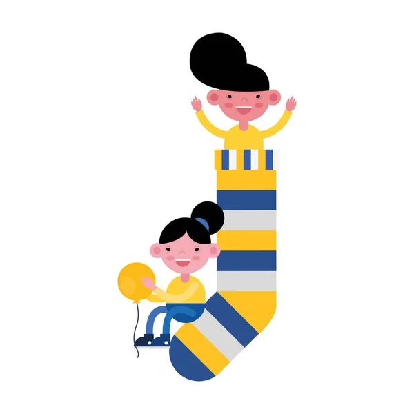 Niños pequeños pareja en calcetín con rayas de colores y helio globo — Vector de stock