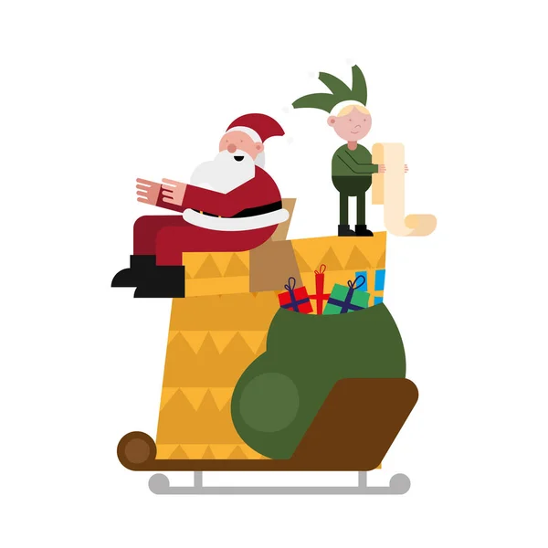 Navidad santa claus y elfo en regalo — Vector de stock