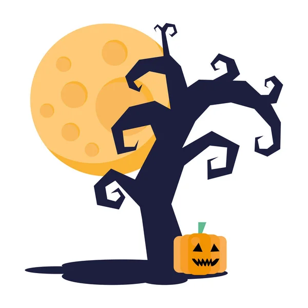 Donker boom halloween met volle maan en pompoen — Stockvector