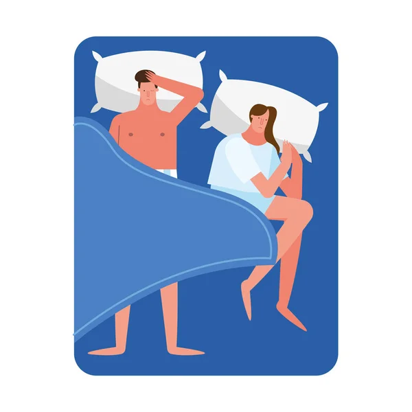 Jeune couple au lit avec des personnages imnsomia — Image vectorielle