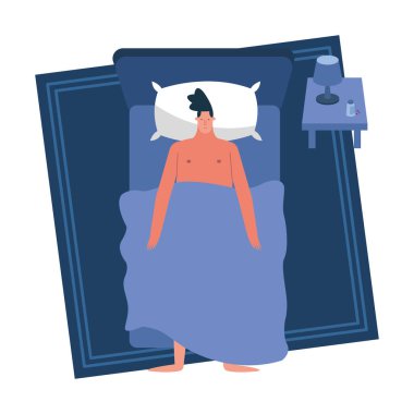 Yatak odasında immsomisi olan genç bir adam.